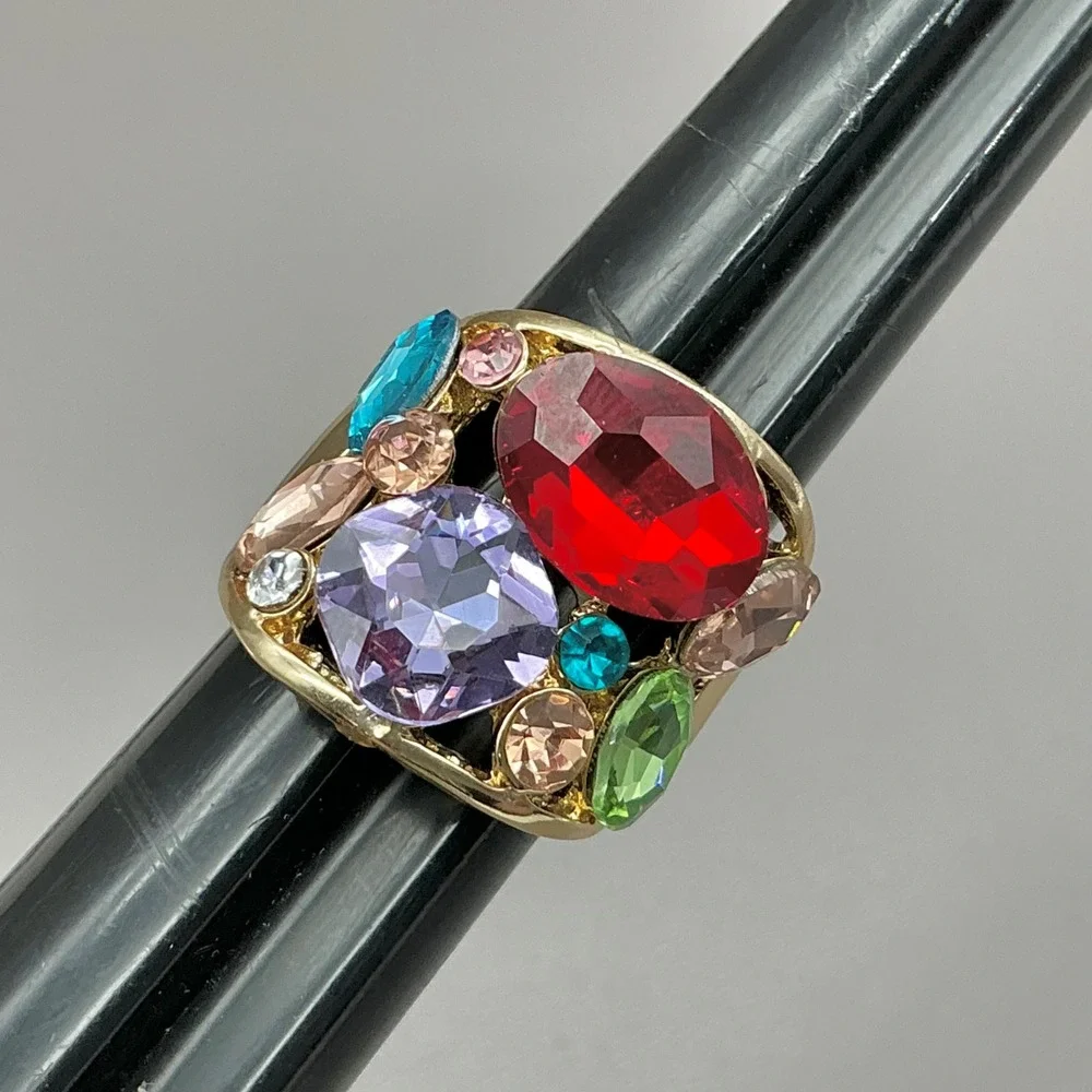Ring Women Gold Tone Multi Color Crystal Bold Statement Stretch Band Size 8